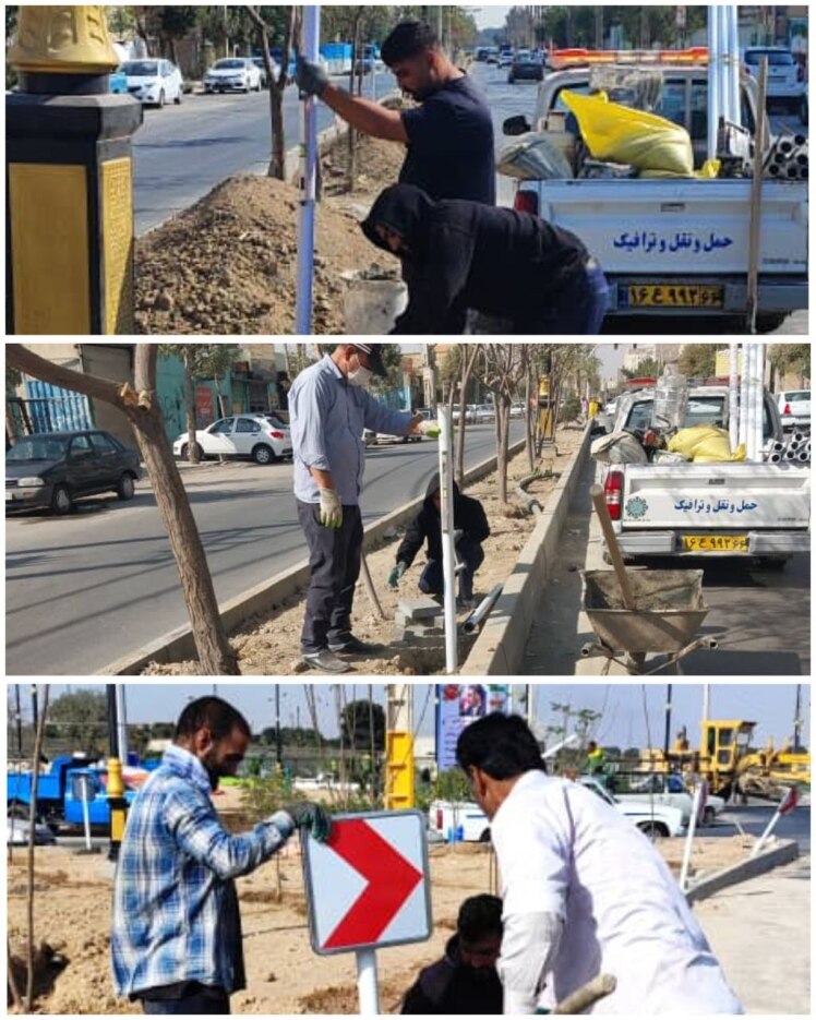 نصب پایه‌های علائم ترافیکی در بلوار فلسطین باقرشهر